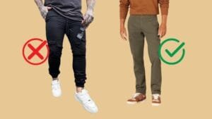 Side-by-side comparison of right and wrong cargo pants choices for men