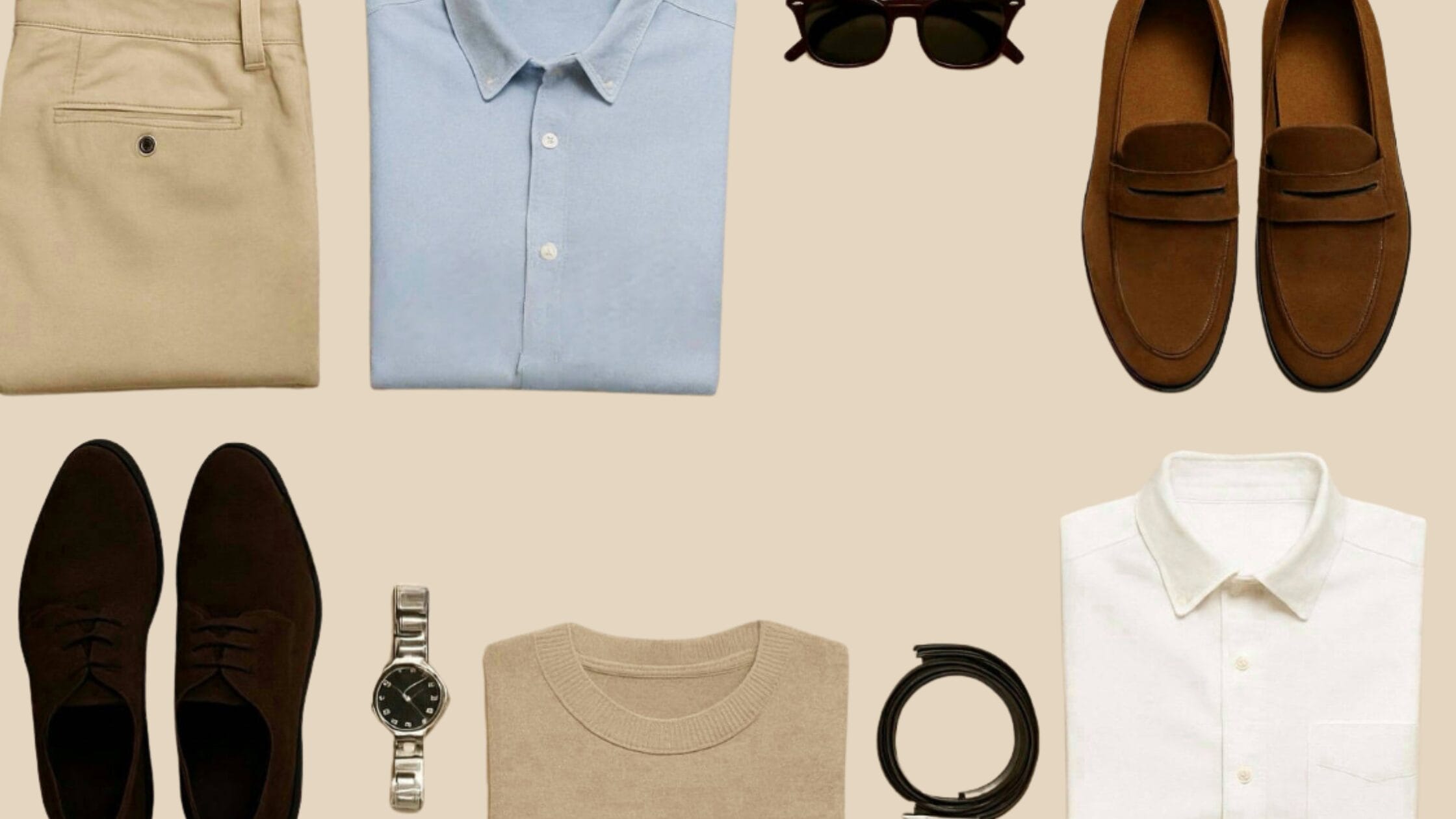 Flat lay collage of three men's smart-casual spring outfits featuring lightweight layers like a merino wool cardigan, cotton shirt, navy windowpane trousers, dark denim jeans, khaki chinos, a denim jacket, leather derby shoes, loafers, and espadrilles. Modern minimalist style inspiration for spring and early summer 2025