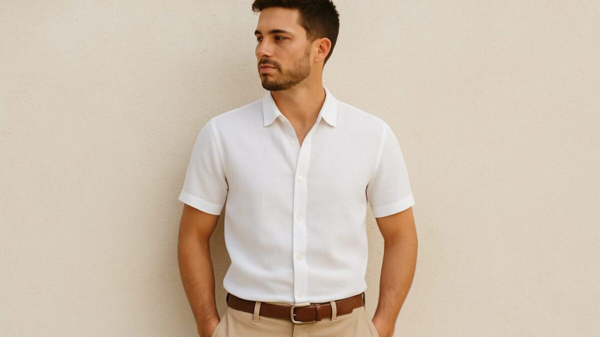 Young man wearing a slim fit linen shirt, standing outdoors in sunlight, surrounded by summer greenery, showcasing a relaxed and stylish look.