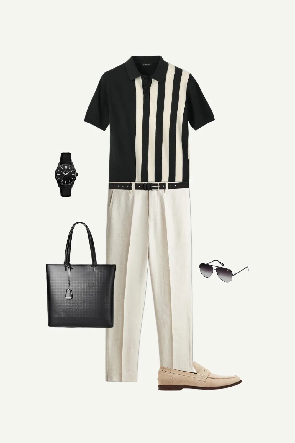 Men’s business casual summer outfit featuring a striped black polo, beige tailored pants, suede loafers, and a black leather tote.