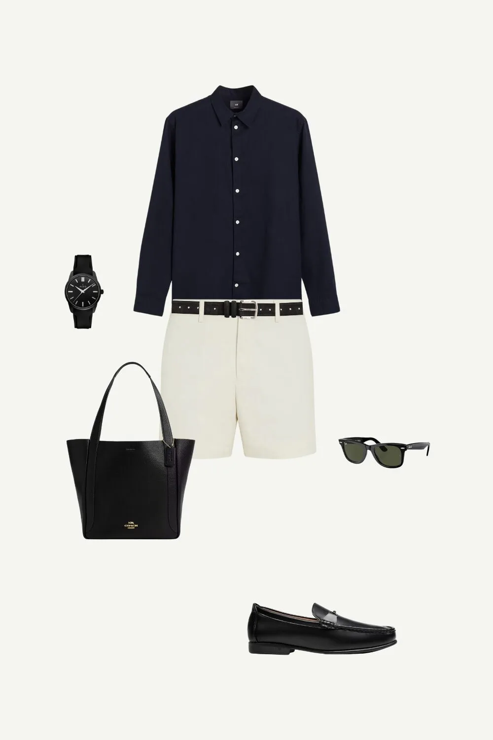 Men’s business-casual summer outfit featuring a natural linen shirt, white tailored shorts, black loafers, a Coach black tote, black leather strap watch, and Ray-Ban Wayfarer sunglasses.