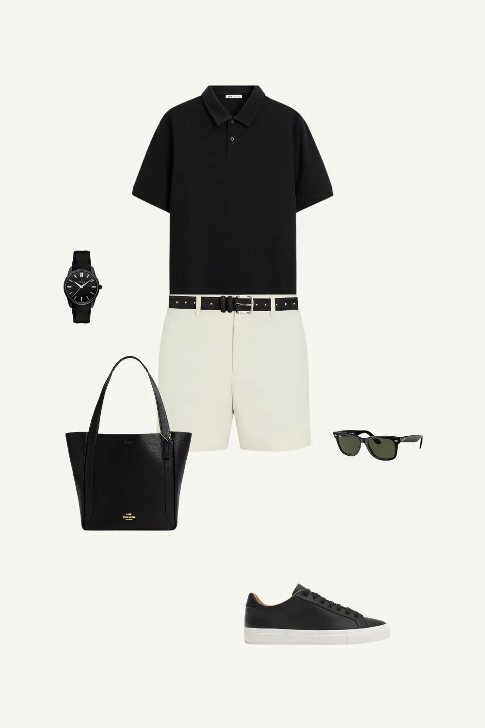 Men’s business-casual summer outfit featuring a polo shirt, white tailored shorts, black sneakers, a Coach black tote, black leather strap watch, and Ray-Ban Wayfarer sunglasses.