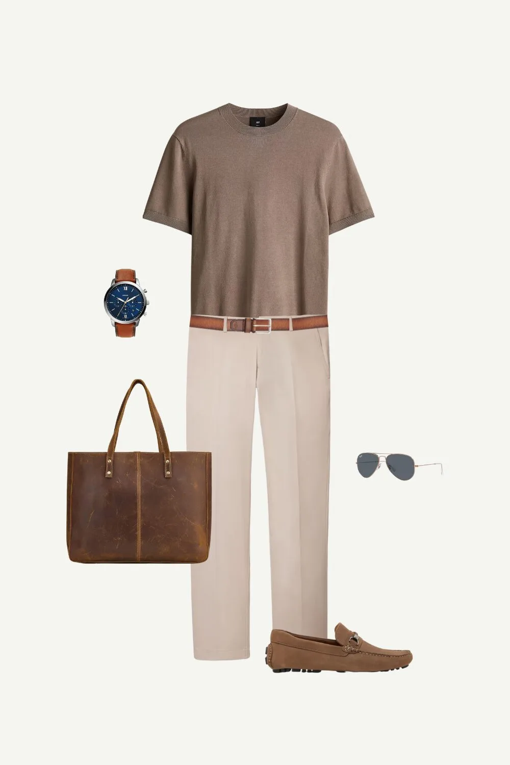 Men’s business casual summer outfit with a dark beige knit T-shirt, beige Bonobos trousers, and brown Nordstrom loafers – a stylish yet professional summer work look. Whithout blazer