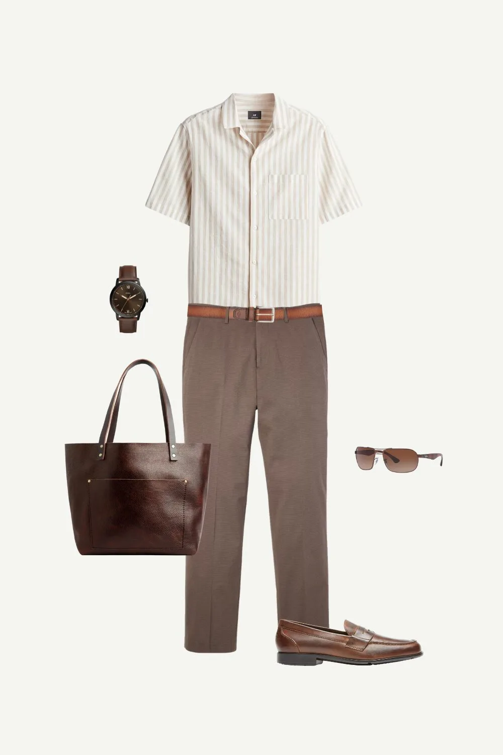 Business casual summer outfit for men with a striped short-sleeve linen-blend shirt, dark brown Bonobos pants, and Rockport loafers—styled with a leather tote, Fossil watch and belt, and brown Ray-Ban sunglasses-without cardigan.