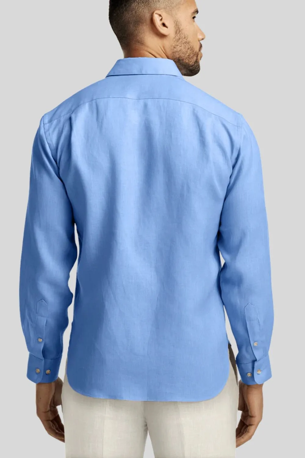 Back view of Paul Fredrick Mens Slim Fit Linen Shirt – Solid Color Option – tailored and breathable for summer