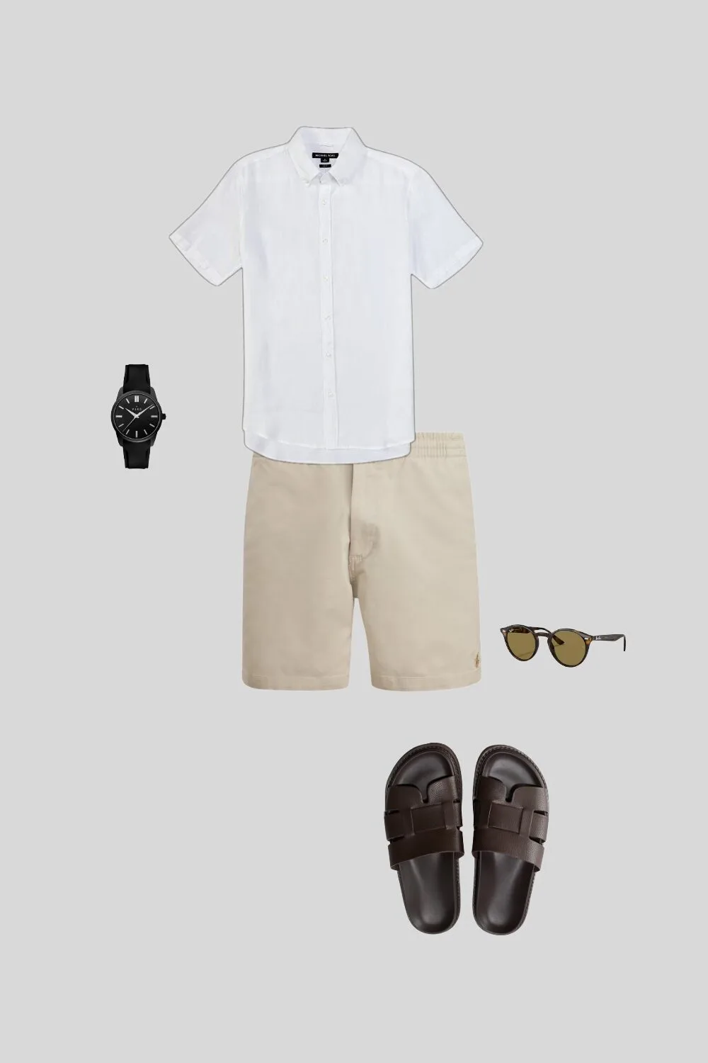Mood board showing how to style a slim fit linen shirt for casual weekends – summer outfit inspiration for men.