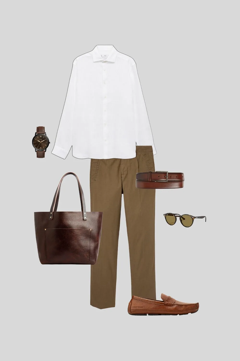 Mood board showing how to style a slim fit linen shirt for smart-casual settings – summer outfit inspiration for men.