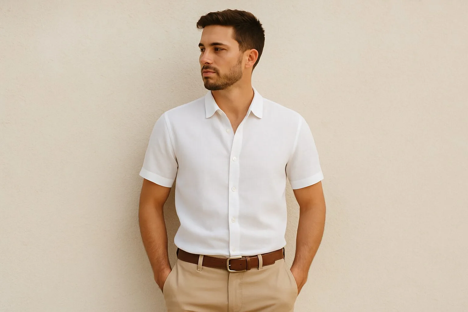 Young man wearing a slim fit linen shirt, standing outdoors in sunlight, surrounded by summer greenery, showcasing a relaxed and stylish look.