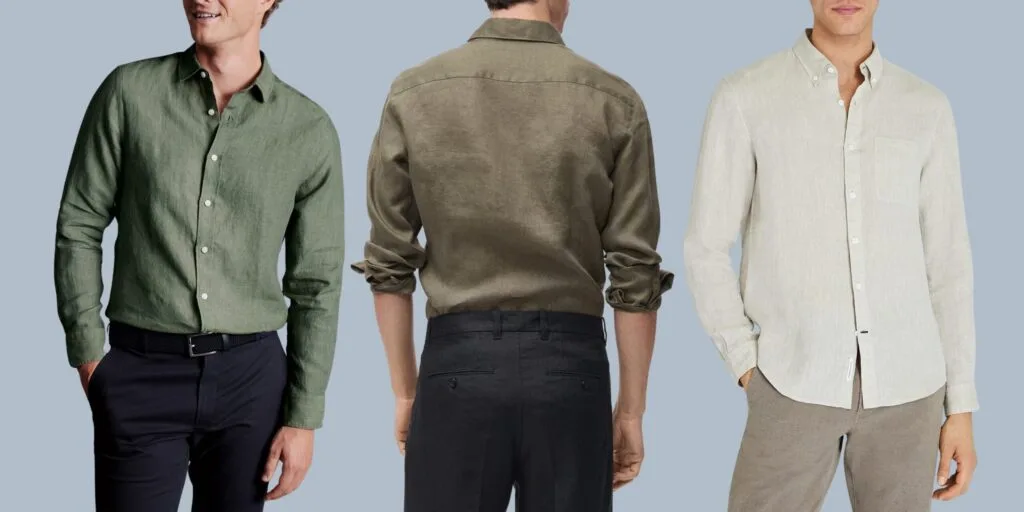 Image of three men wearing slim fit linen shirts: The man on the left is wearing men's slim fit linen shirt in green Charles Tyrwhitt. The man in the middlt is wearing MANGO mens Slim Fit Linen Shirt in olive. And the man on the right is wearing Club Monaco men's slim fit linen shirt