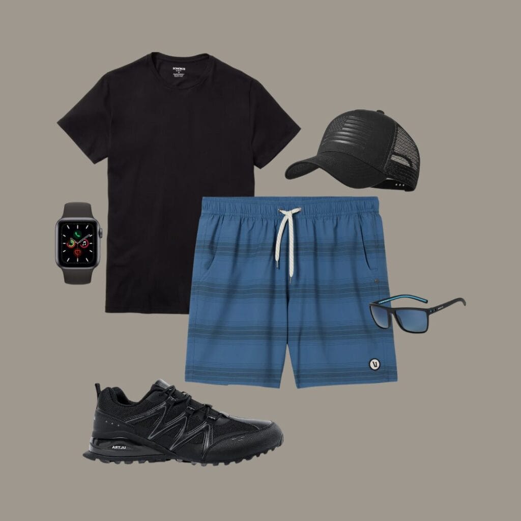 Men's casual summer outfit for outdoor activities, casual sports, or any active day when comfort is a must, featuring a black performance T-shirt, dark blue athletic shorts with gray liner, black running shoes, a black Apple sports watch, dark blue sunglasses, and a black breathable sports cap.