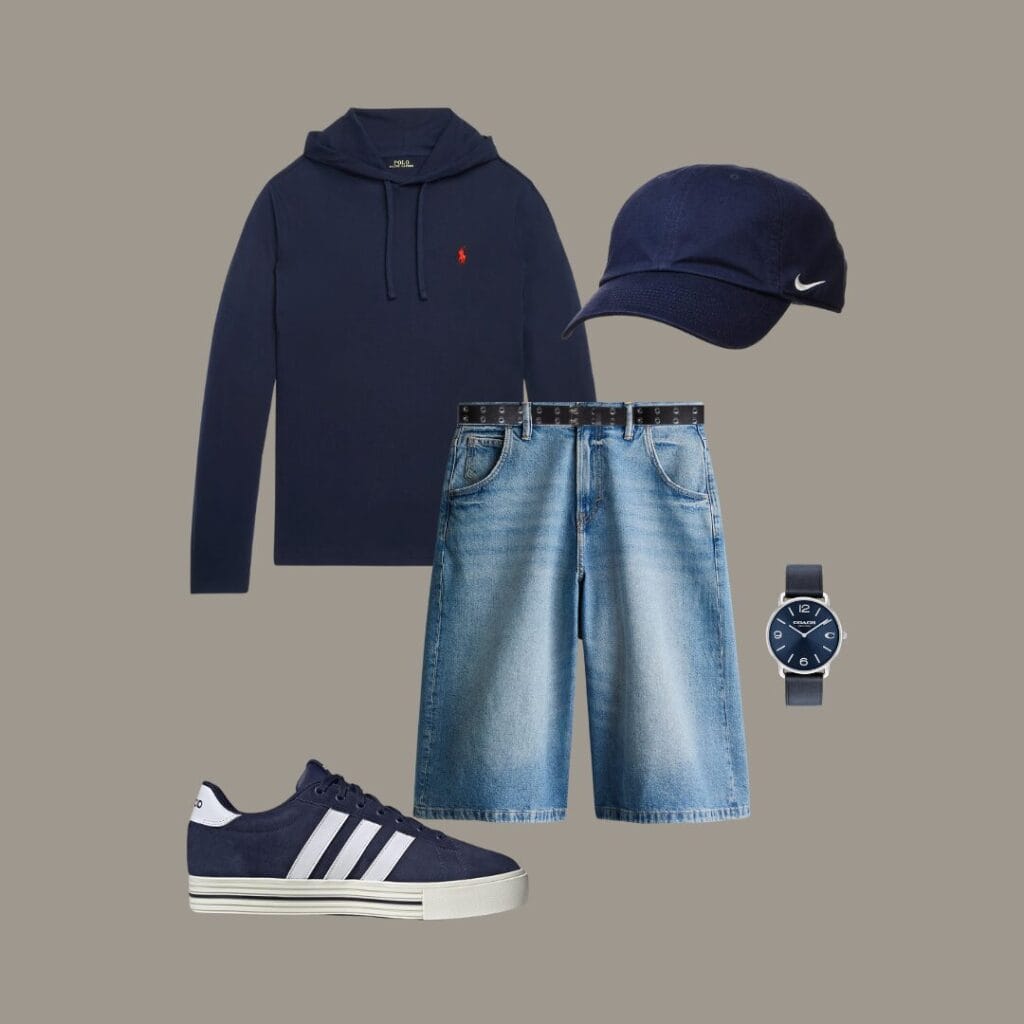 Men's casual summer outfit for evening beach walks, summer bonfires, or casual outdoor movies, featuring a navy thin cotton hoodie, blue light washed denim shorts, navy Adidas canvas Sneakers, a navy cap, a black leather belt, a Simple watch in navy