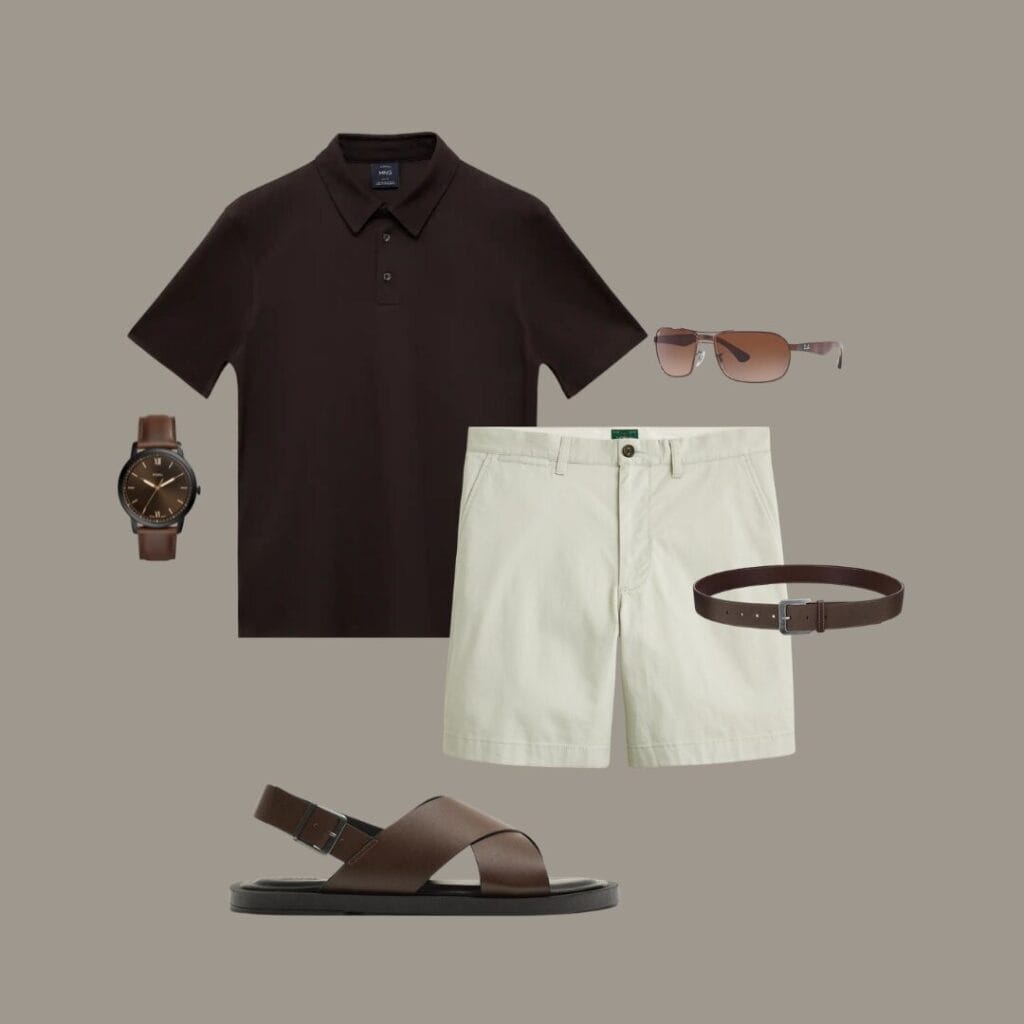 Men's casual summer outfit for golf outings, casual Fridays at the office, or even meeting the in-laws, featuring a dark brown cotton polo, beige lightweight chinos, dark brown sandals, a matching canvas belt, brown watch, and sunglasses.