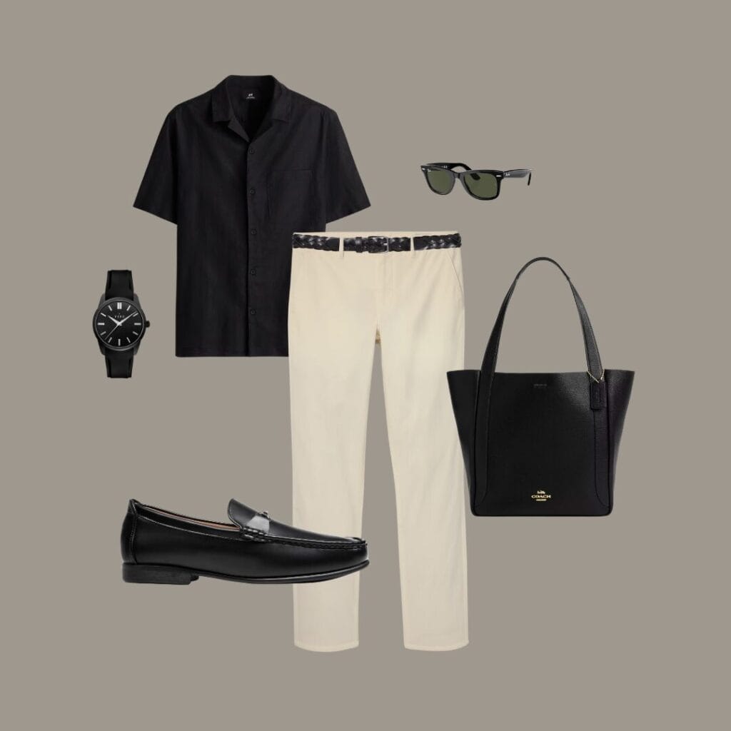 Men's casual summer outfit for summer dinners out, casual office settings, or date nights, featuring a black Short-sleeve button-down, beige Lightweight chinos, black Loafers, a black watch, black sunglasses, and a black leather business tote