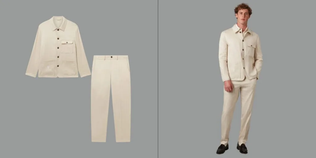 Cream linen suits for men made in Europe, tailored with classic British details and perfect for weddings or business travel.