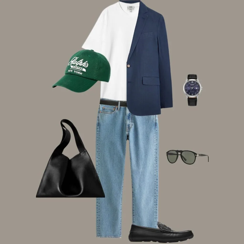 Men’s loafers styled with jeans — a smart casual summer outfit that blends streetwear fashion with relaxed tailoring. A perfect choice for casual dinners or city outings. Ideal for showcasing urban loafers, men's best loafers, or wearing loafers with jeans.