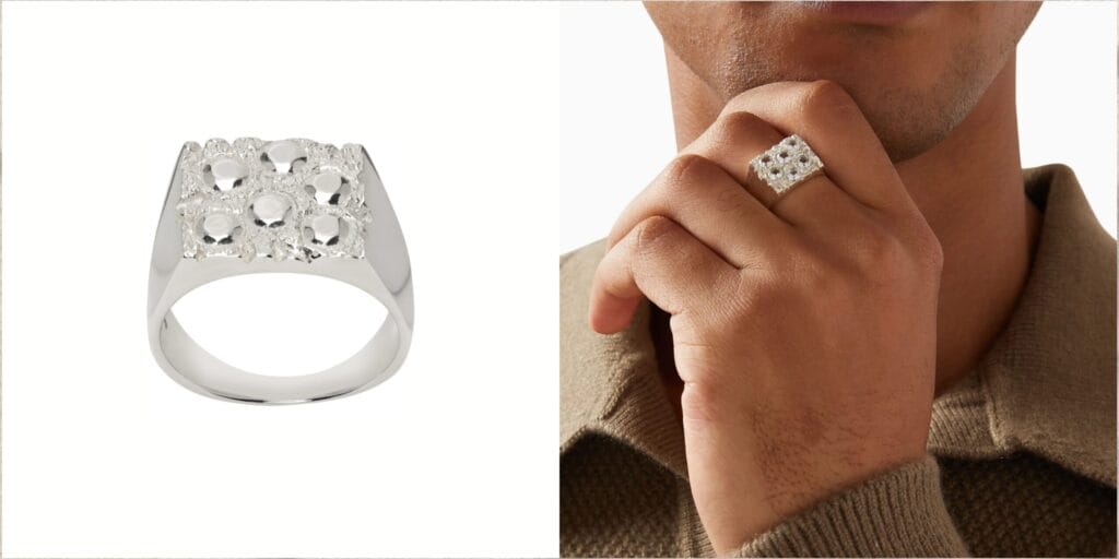 Handcrafted men’s silver signet ring with a rose garden imprint — a wearable piece of art.