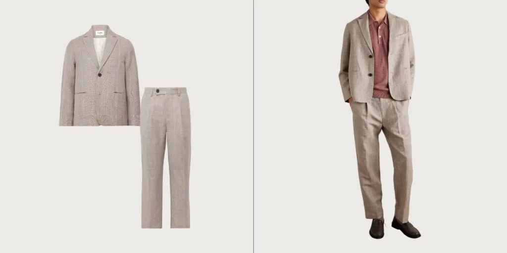 Subtle check-patterned linen and wool blend summer suit for men, designed for weddings, dinner dates, and creative offices.