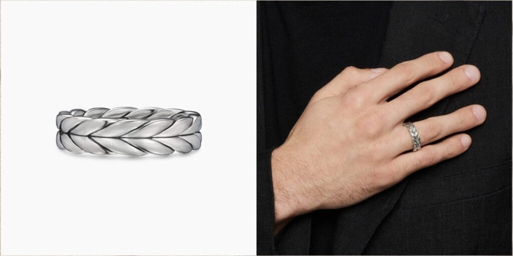 Chevron-textured men's sterling silver band ring — clean, stylish, and timeless.