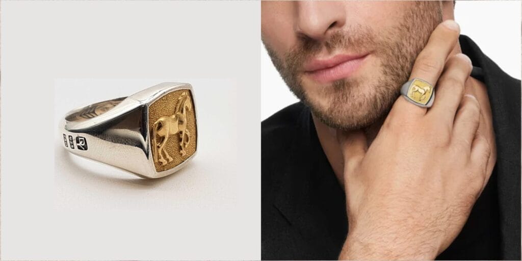 Vintage silver rings for men with gold-accented horse design — classic and bold.