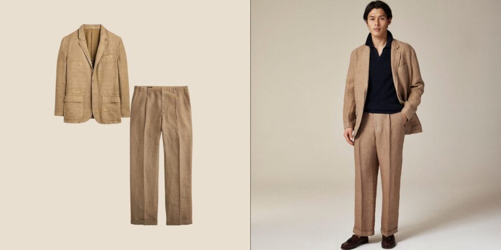 J.Crew Big-Fit Linen Suits for Men. A versatile tan linen suit that can be a perfect summer business suit, mens linen suits for weddings. Or even can be perfect a travel suit.