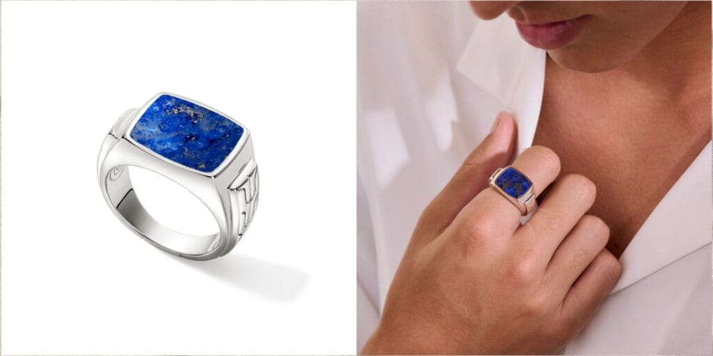 Men’s silver signet ring with lapis lazuli — hand-forged and rich with vintage character.