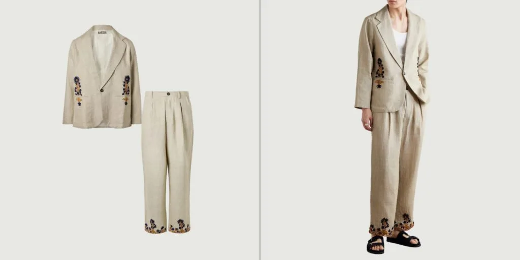 An embroidered white linen blazer and linen trousers combo. Great mens linen suits for fashion-forward weddings