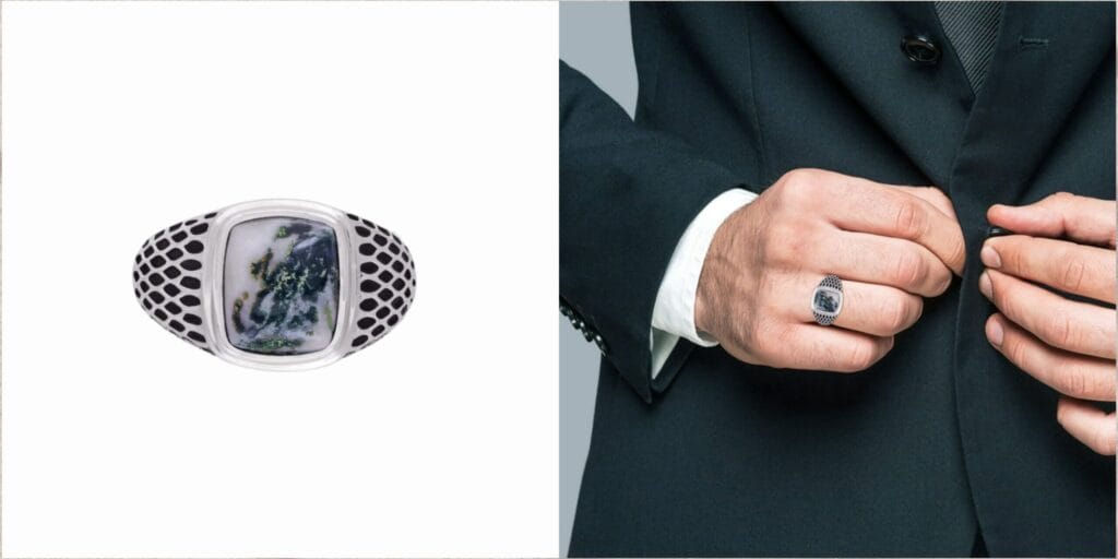 Natural silver gemstone ring with a tree agate stone — organic texture and one-of-a-kind feel