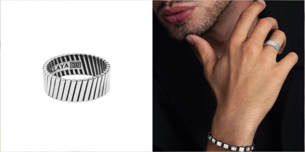 Minimalist sterling silver ring for men with a textured finish — casual meets sharp in this street-ready piece