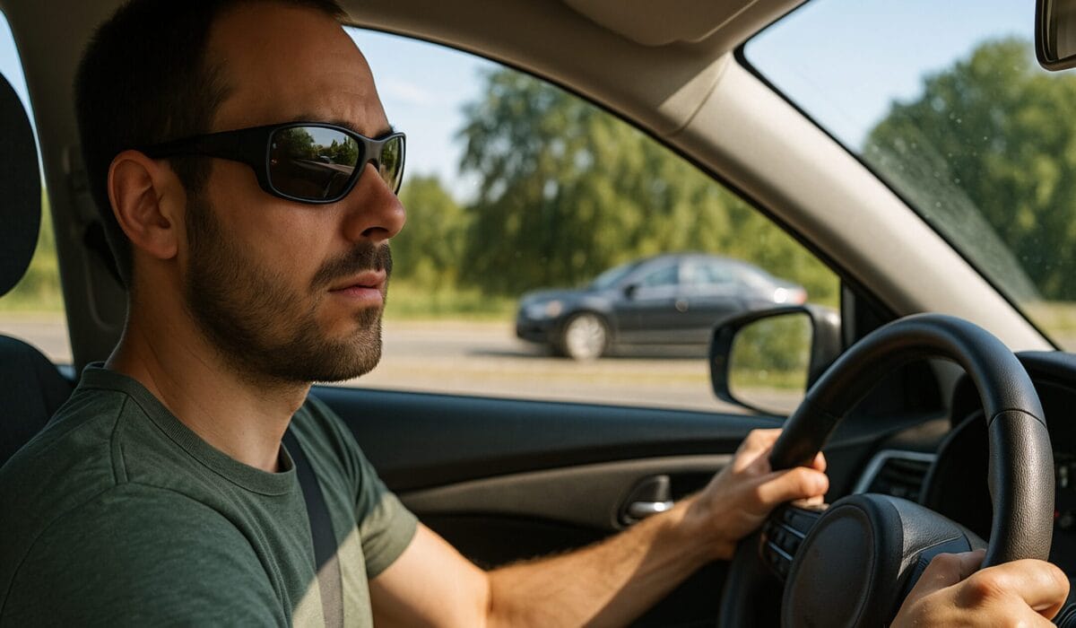 A man is driving down the road, wearing a pair of sunglasses with polarized lenses for driving