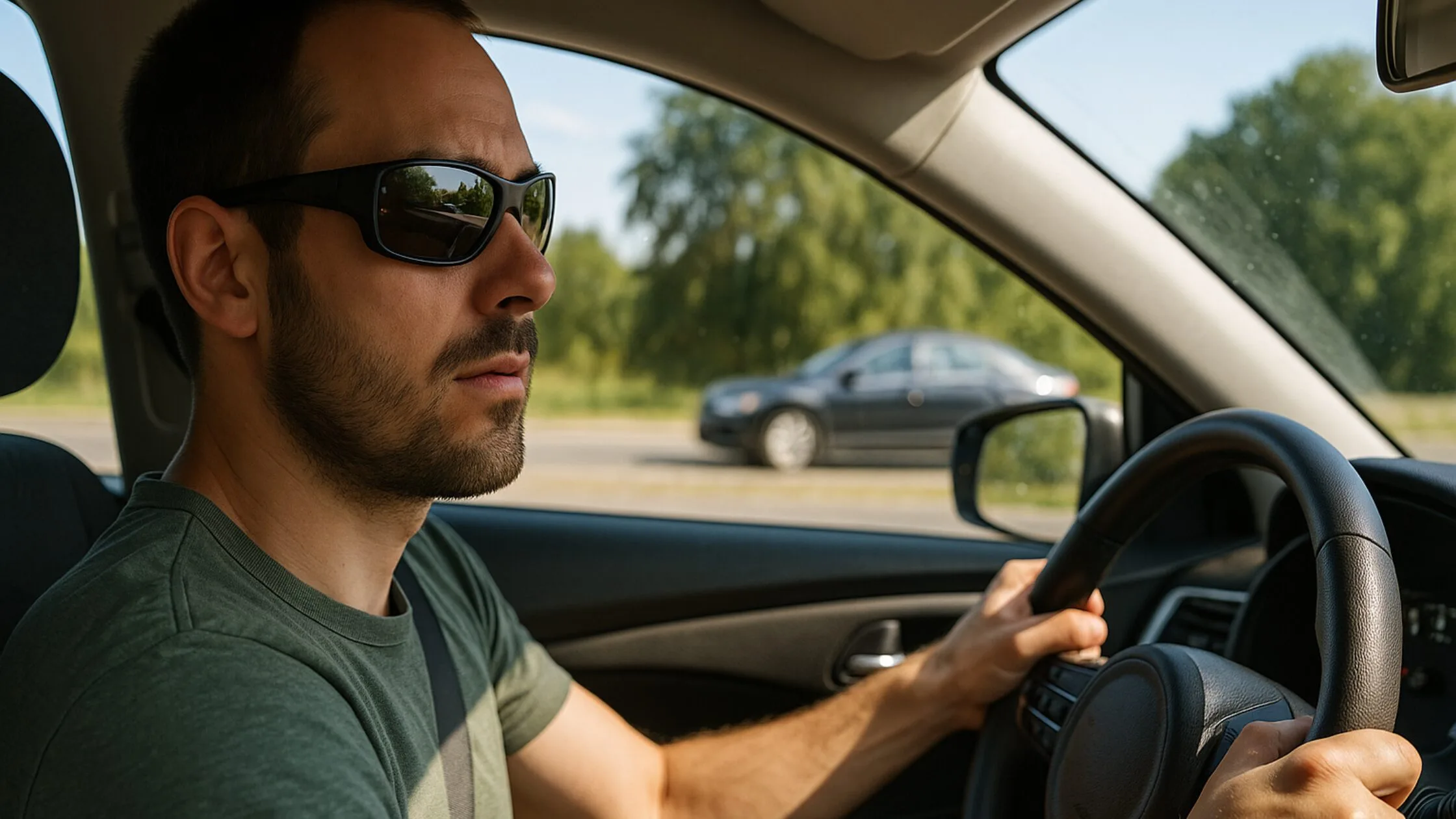 A man is driving down the road, wearing a pair of sunglasses with polarized lenses for driving
