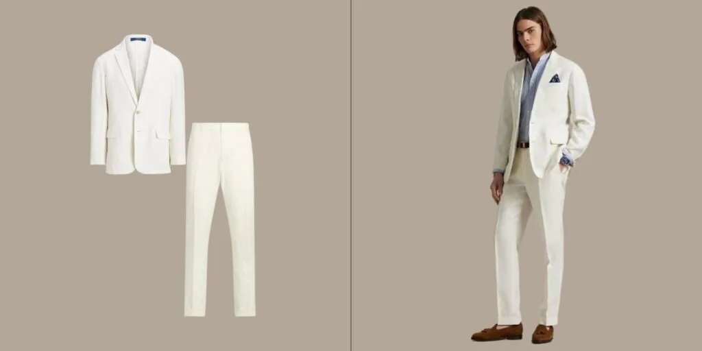 White linen suit for men from Ralph Lauren, classic summer suit with modern tailoring perfect for beach weddings or parties.
