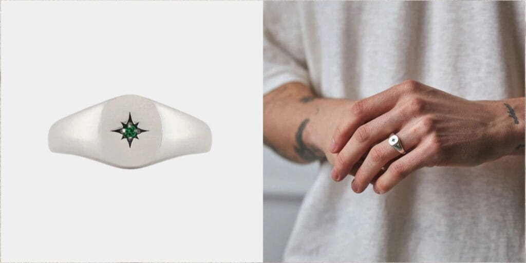 Close-up of a vintage-inspired silver signet ring for men, crafted in sterling silver with bold classic detail.