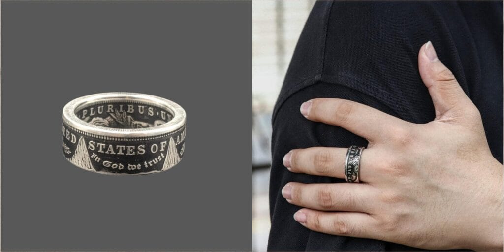 Vintage silver ring crafted from authentic Morgan silver dollars — collectible and wearable.