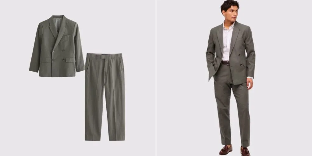 The A&F Collins Double Breasted Suits for men. Green linen suit. Great mens linen suits for weddings. Business casual events and smart casual occasions