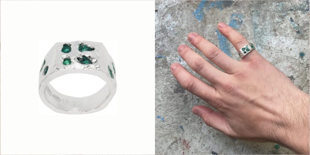 Textured sterling silver gemstone rings with raw emeralds — crafted with an organic, natural feel