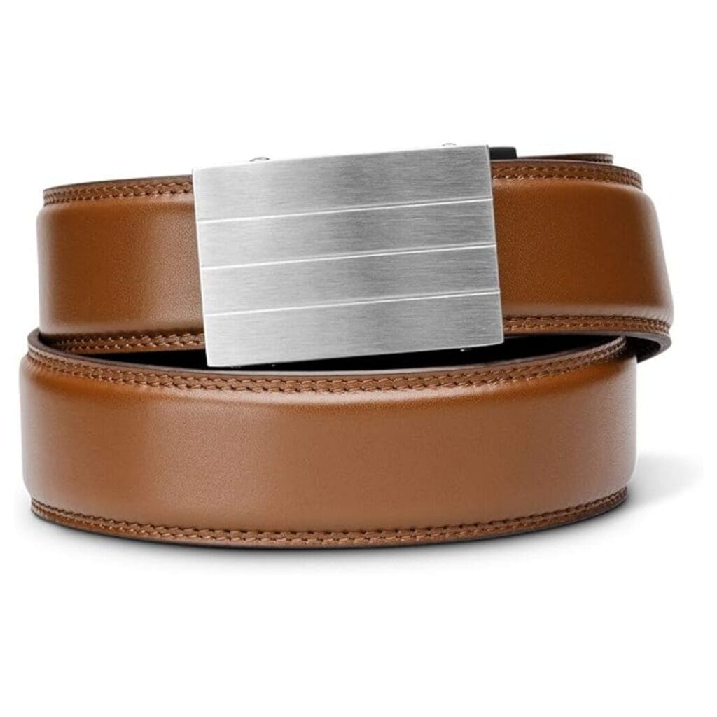 KORE Men’s ratchet belt in full-grain leather with micro-adjustable track system