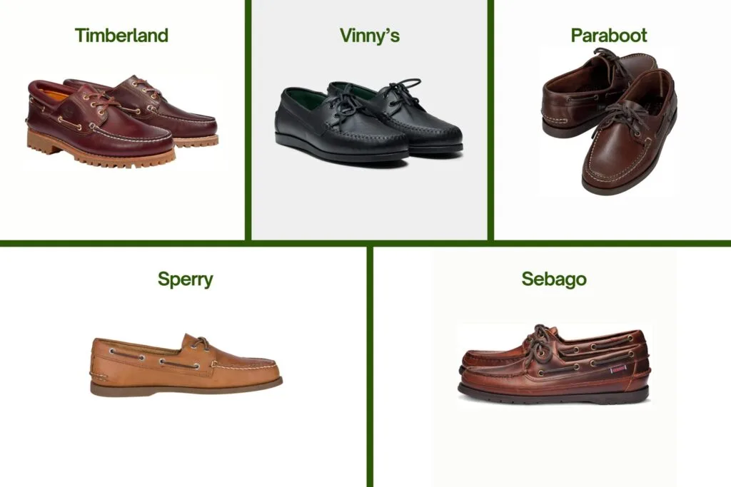 Boat shoes on display: Timberland, Paraboot, Sebago, Vinny’s, and Sperry.