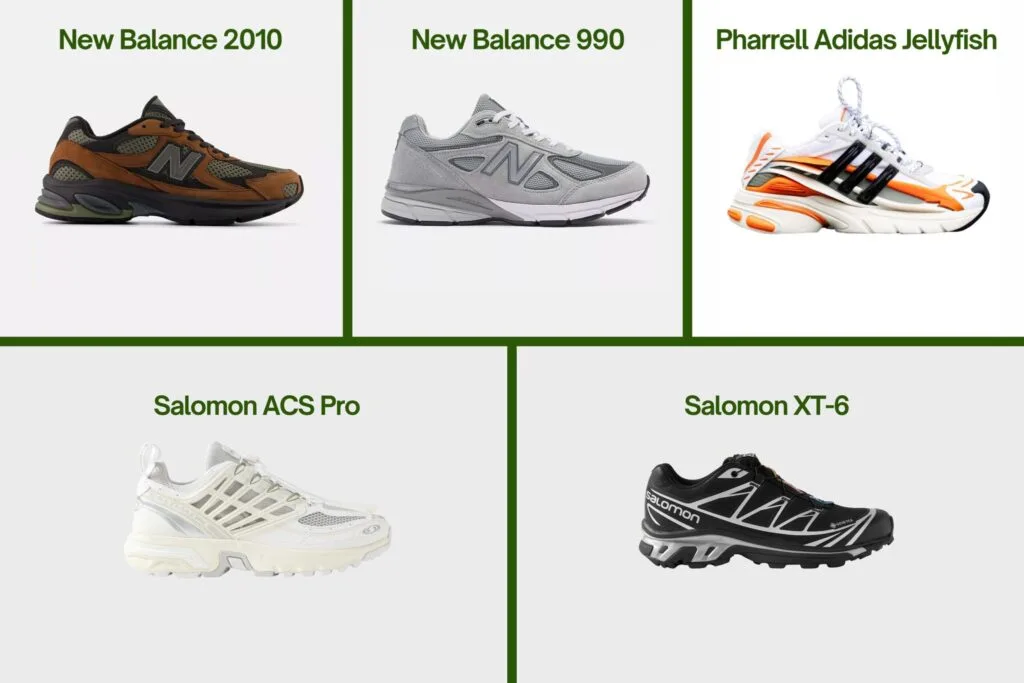 Chunky sneakers on display: Salomon XT-6, Salomon ACS Pro, New Balance 2010, New Balance 990, Adidas x Pharrell Jellyfish.