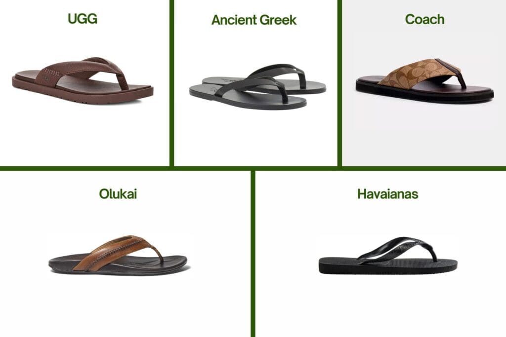 Flip flops on display: Havaianas Top, OluKai Mea Ola, UGG Seaside II, Coach Canvas, and Ancient Greek Solon.