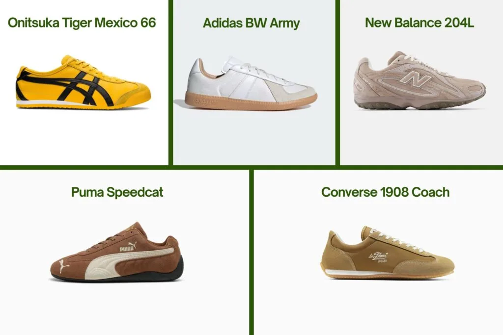 Affordable neakers on display: Onitsuka Tiger Mexico 66, Puma Speedcat, Adidas BW Army, New Balance 204L, and Converse 1908 Coach Joggers