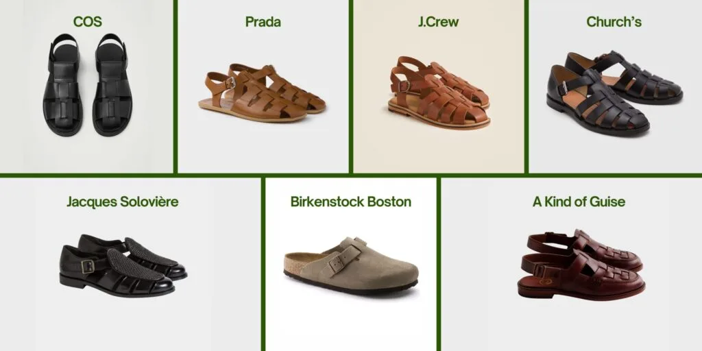 Leather fisherman sandals and clogs on display: COS, Prada, J.Crew, Church’s, Jacques Solovière, A Kind of Guise, and Birkenstock Boston.