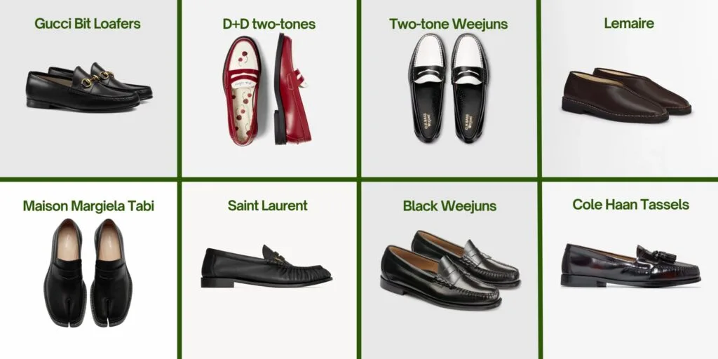 Loafers on display: Gucci bit loafers, Duke + Dexter two-tones, G.H. Bass Weejuns two-tones, Lemaire piped loafers, Saint Laurent Le Loafers, Maison Margiela Tabi loafers, G.H. Bass Weejuns in black, and Cole Haan tassel loafers.