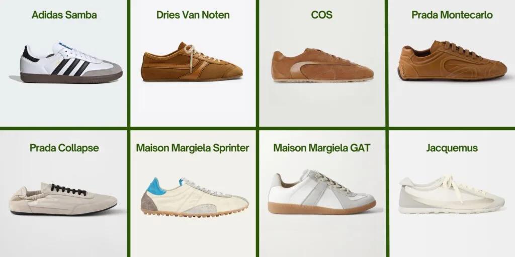 Sneakers on display: Adidas Samba, Dries Van Noten, COS, Maison Margiela Sprinter, Maison Margiela GAT, Prada Montecarlo, Prada Collapse, and Jacquemus.