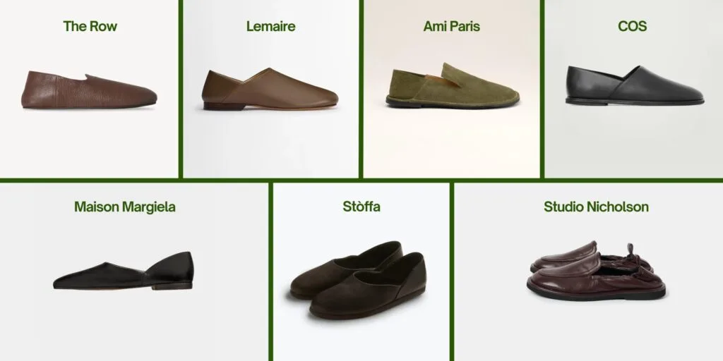 Leather slippers on display: The Row, Lemaire, Maison Margiela, Ami Paris, Studio Nicholson, Stòffa, and COS.