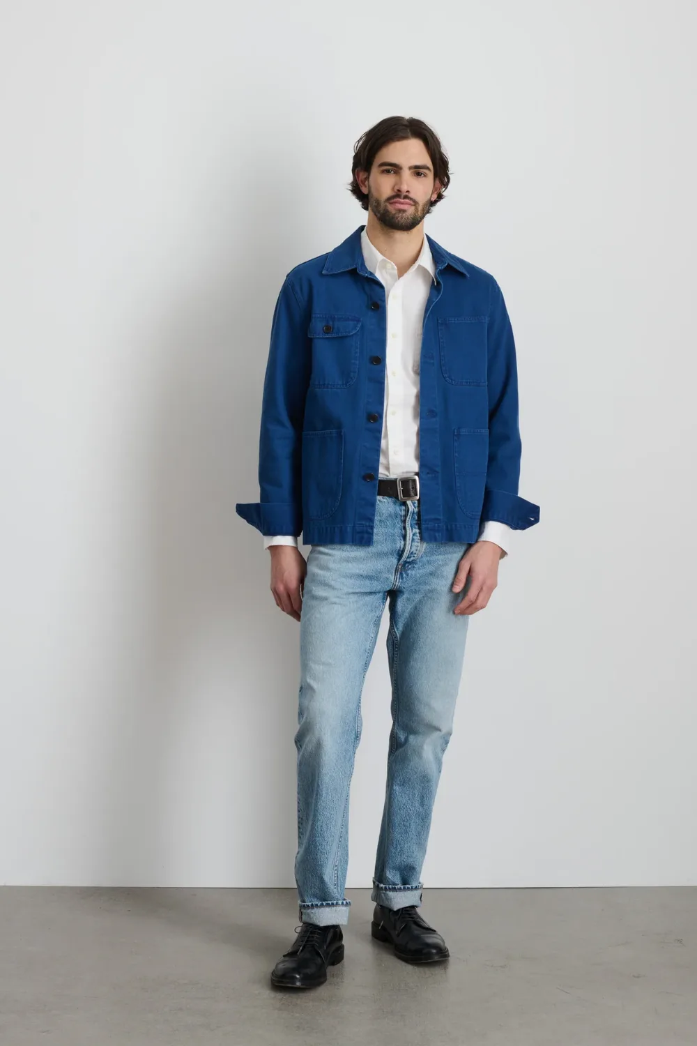 Model wearing Alex Mill Garment Dyed Work Jacket in blue