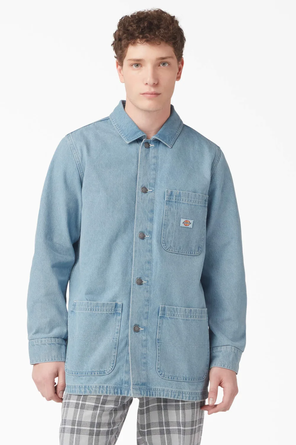Model wearing Dickies Denim Chore Coat in light blue