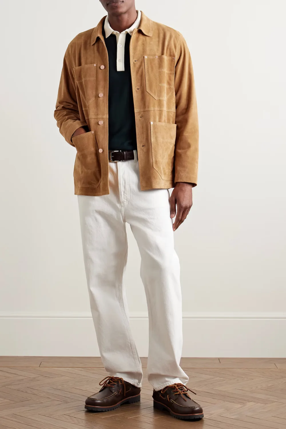 Model wearing Drake’s Welder Suede Chore Jacket in brown