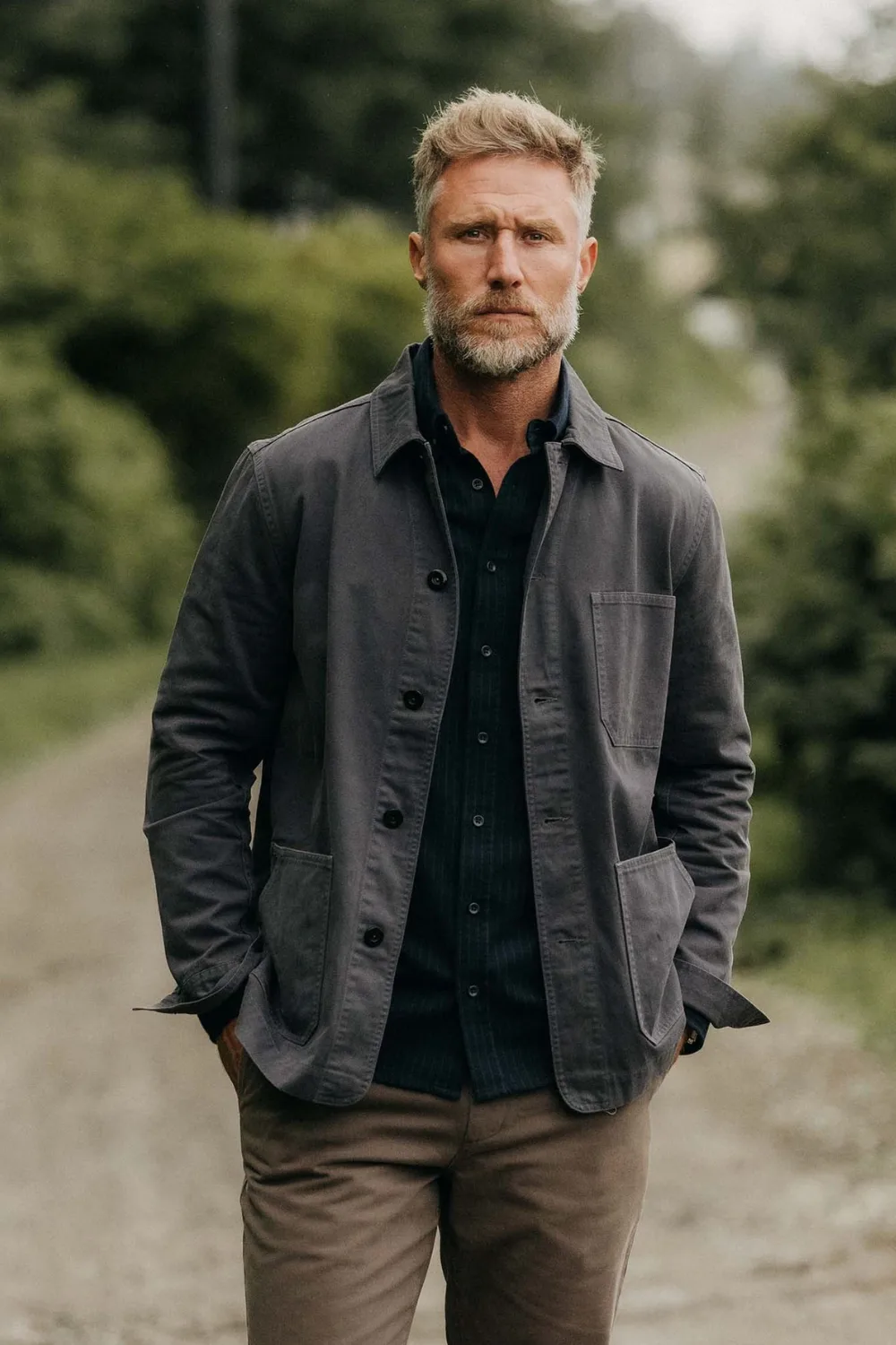 Model wearing Taylor Stitch The Ojai Jacket in gray