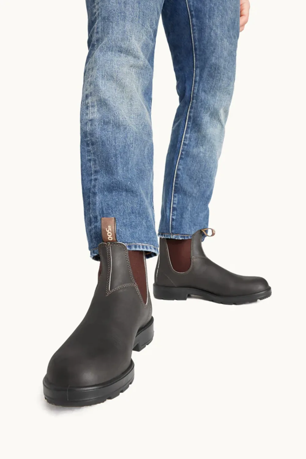 Man Wearing Blundstone Classic 500 Chelsea Boot in Stout Brown