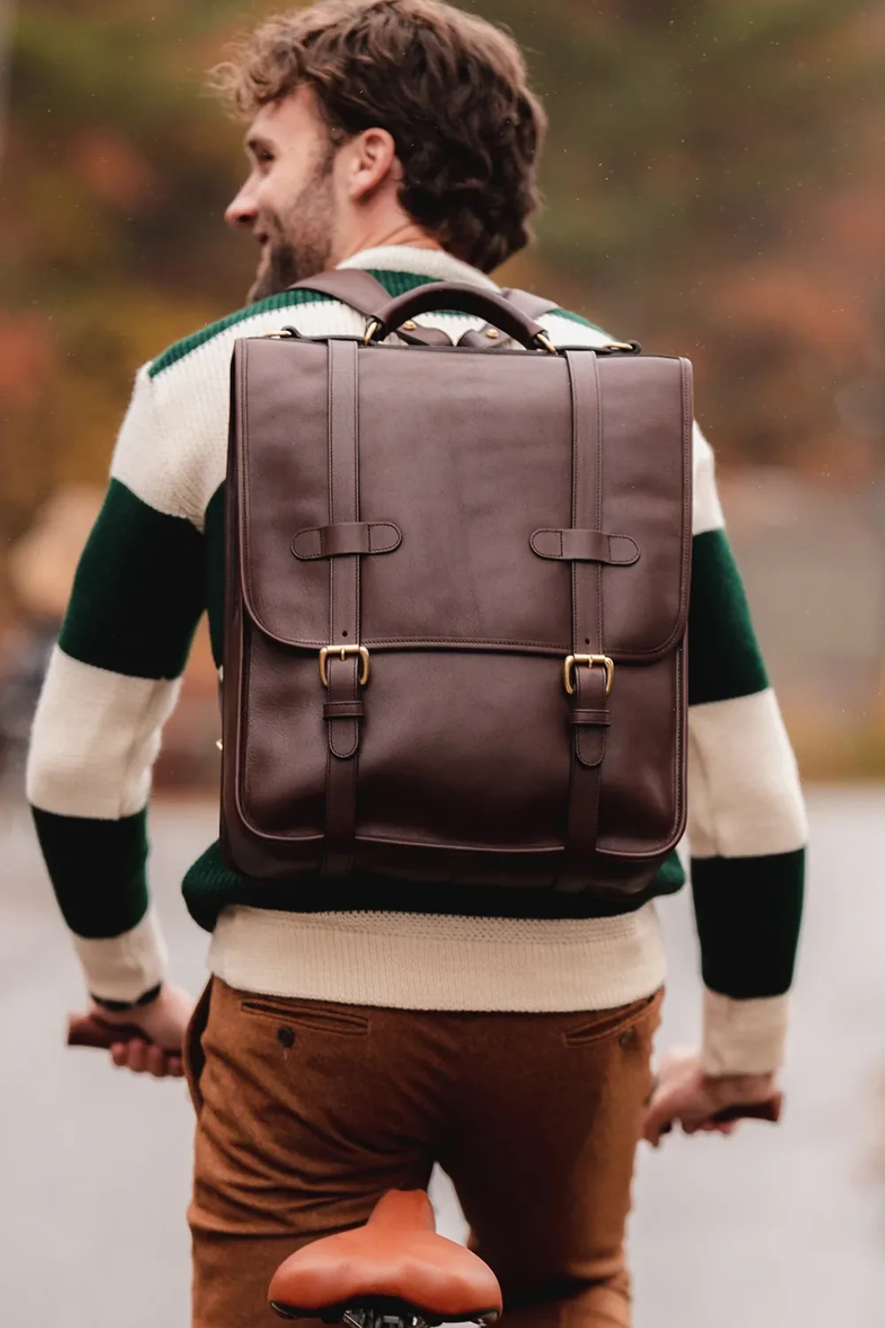 Man Wearing Frank Clegg English Backpack in Chestnut